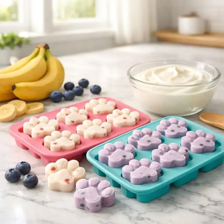 Dos bandejas de silicona con snacks congelados en forma de patita